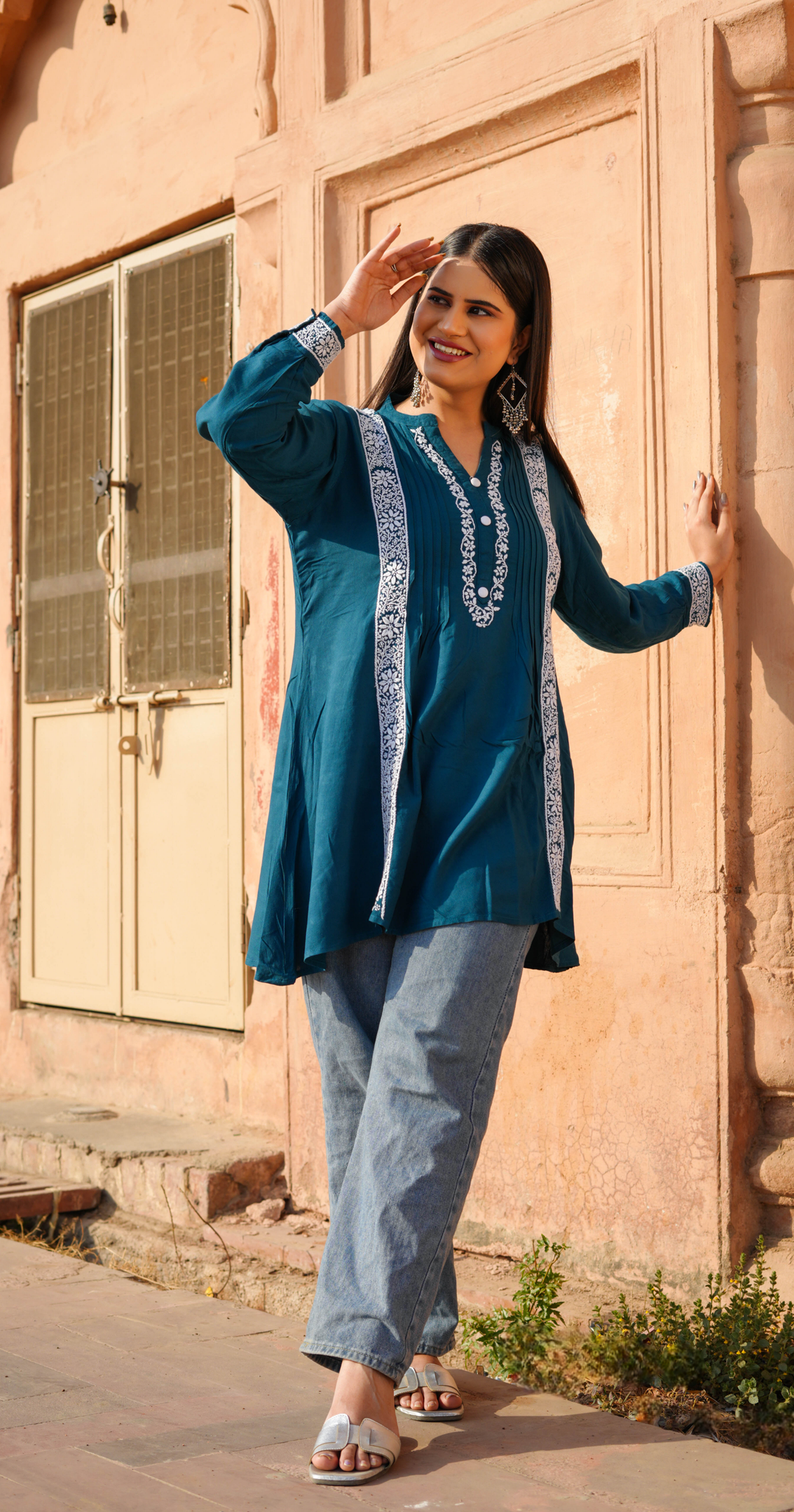 Teal Blue Rayon Chikankari Short Kurta -Custom Made