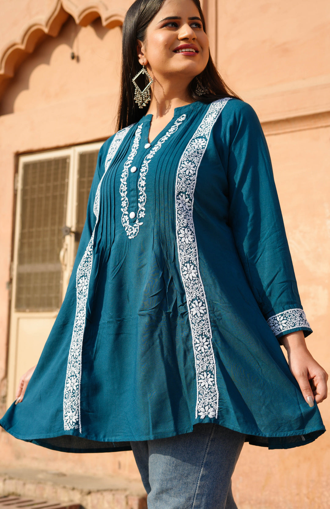 Teal Blue Rayon Chikankari Short Kurta -Custom Made