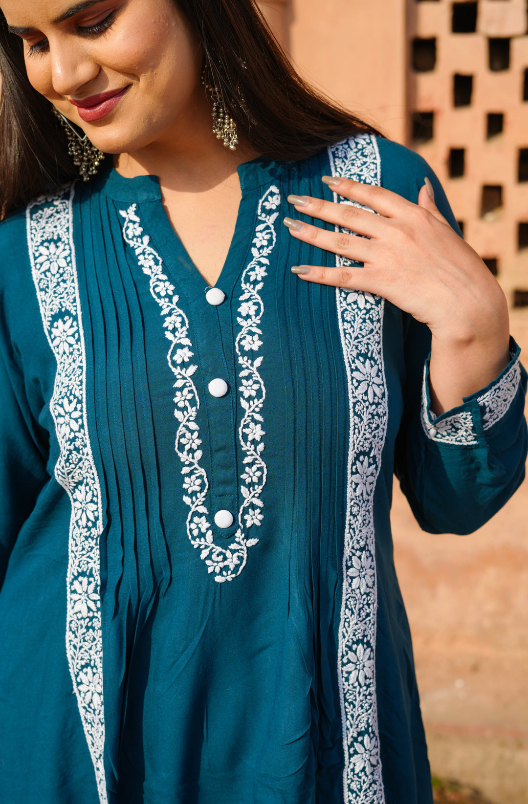 Teal Blue Rayon Chikankari Short Kurta -Custom Made