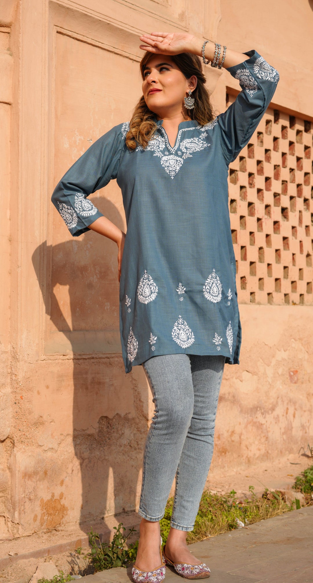 Linen Grey Chikankari Short Kurta -Custom Made