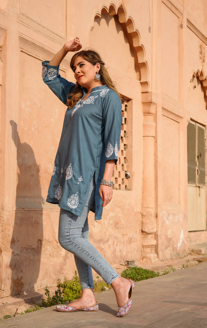 Linen Grey Chikankari Short Kurta -Custom Made
