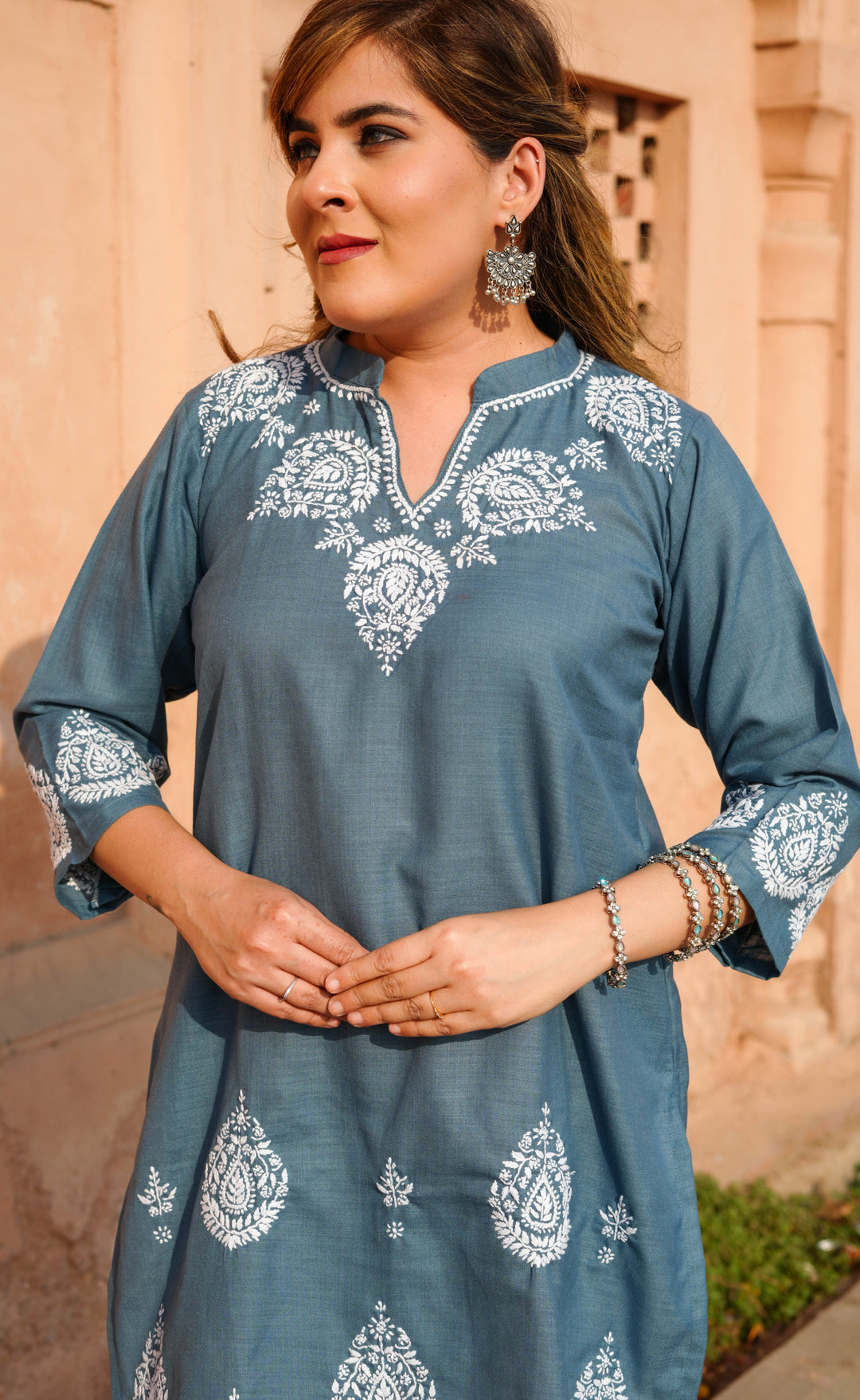 Linen Grey Chikankari Short Kurta -Custom Made