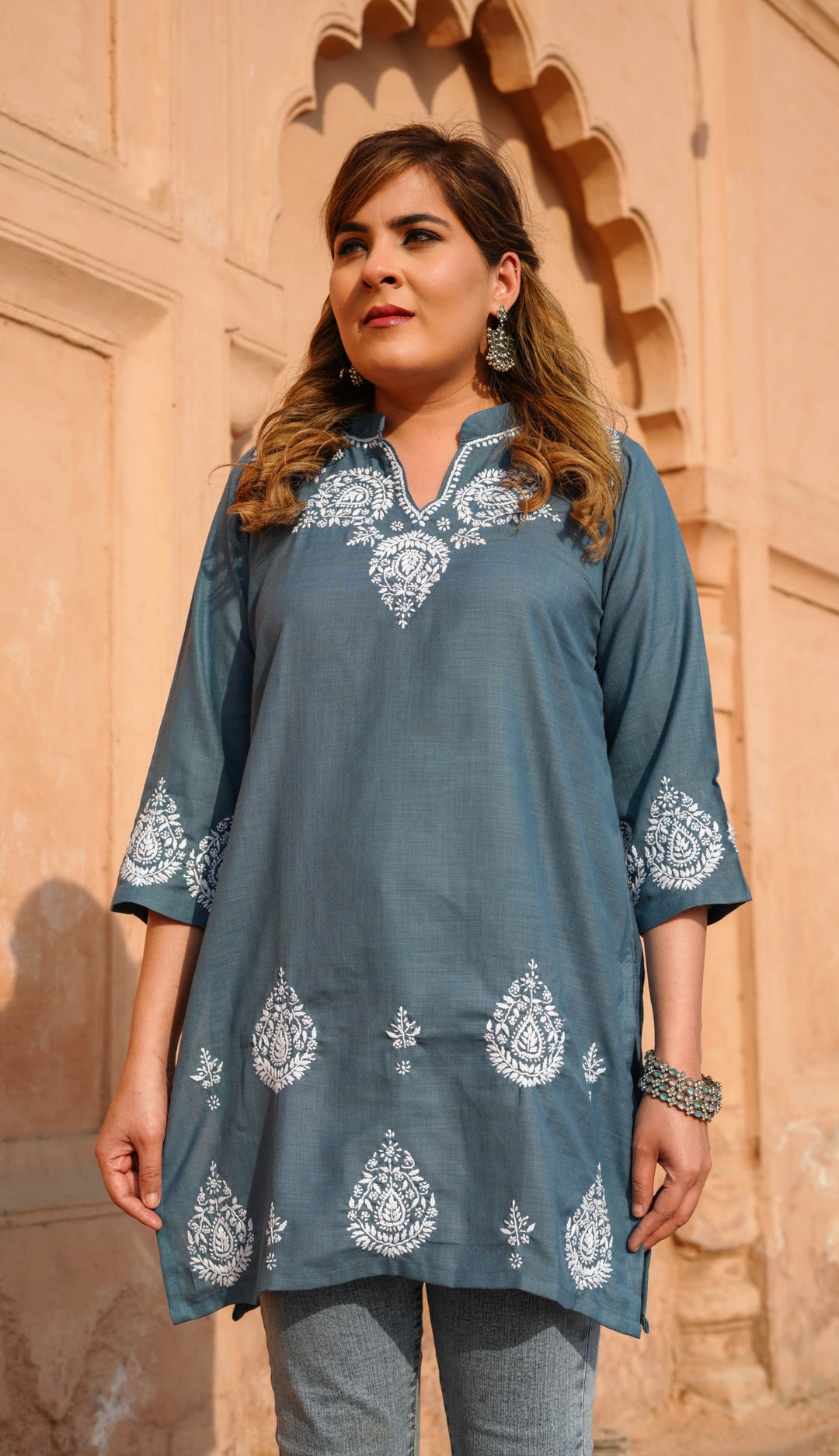 Linen Grey Chikankari Short Kurta -Custom Made