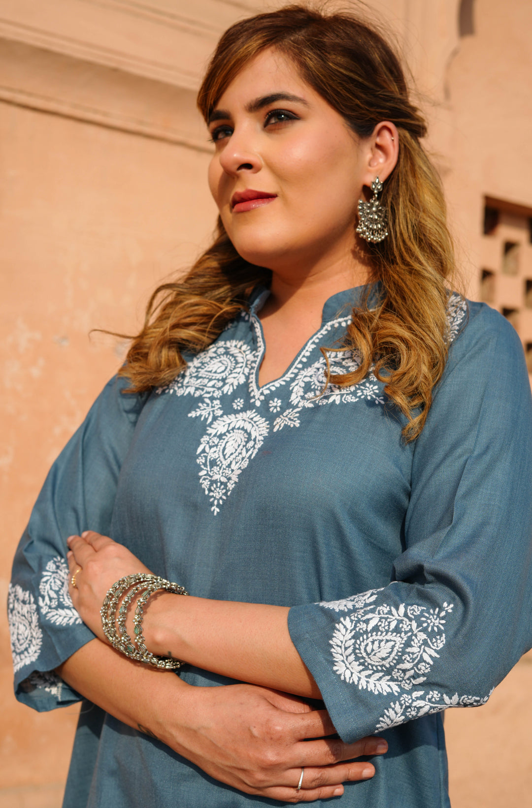 Linen Grey Chikankari Short Kurta -Custom Made