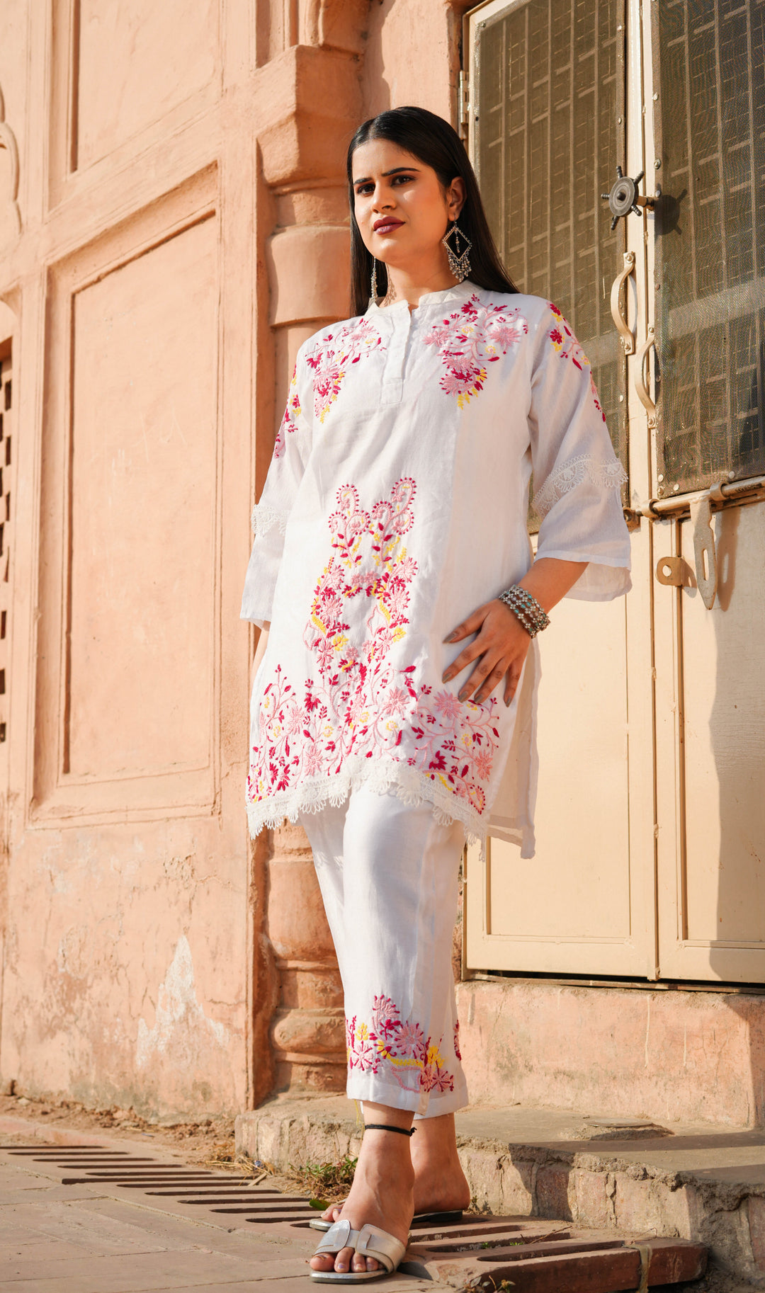 White Chanderi Chikankari Co-ord Set -Custom Made