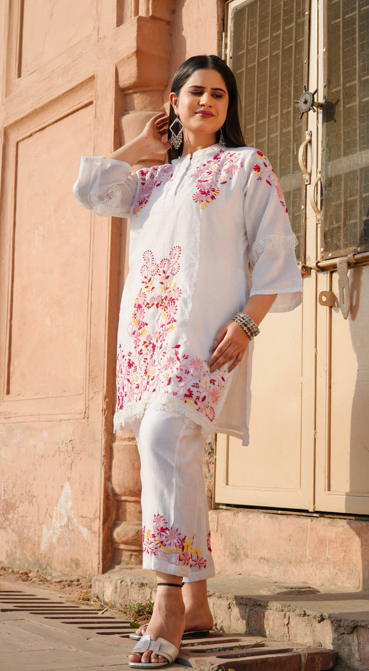 White Chanderi Chikankari Co-ord Set -Custom Made