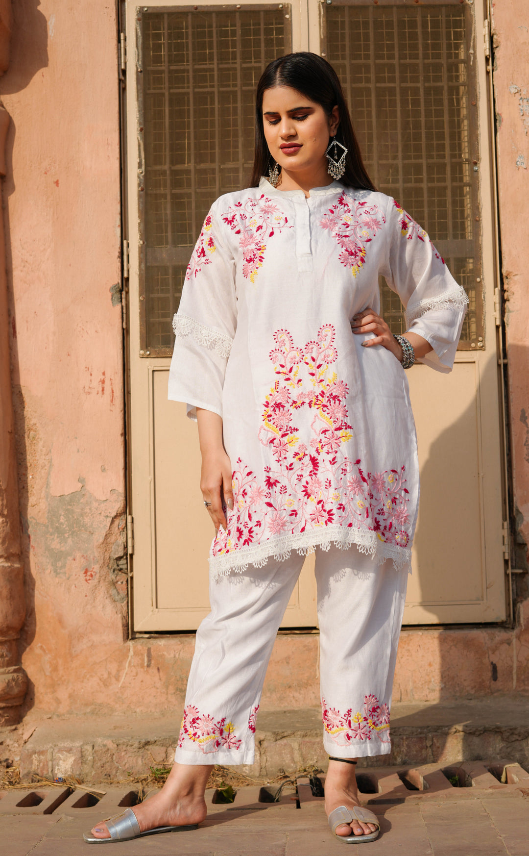 White Chanderi Chikankari Co-ord Set -Custom Made