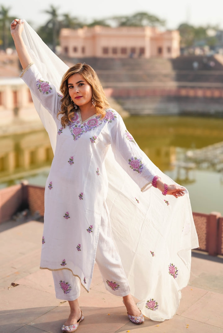 White Chanderi Chikankari Suit Set -Custom Made