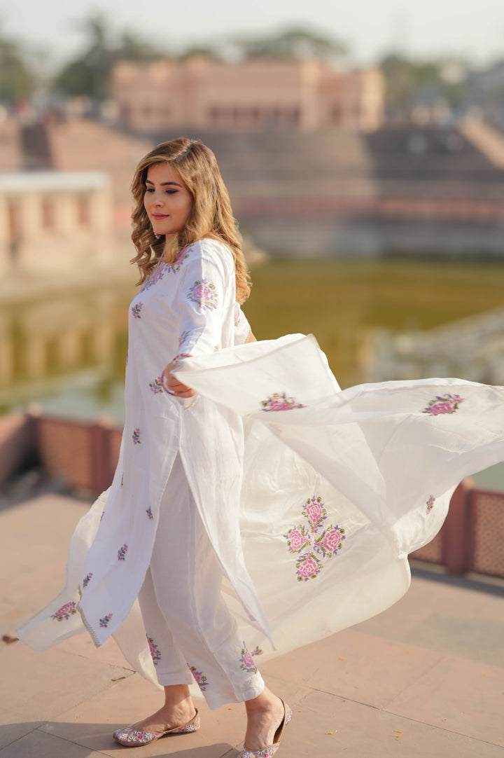 White Chanderi Chikankari Suit Set -Custom Made