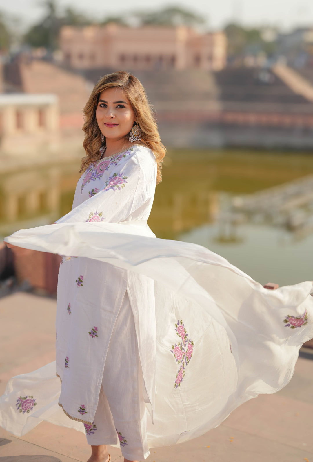 White Chanderi Chikankari Suit Set -Custom Made