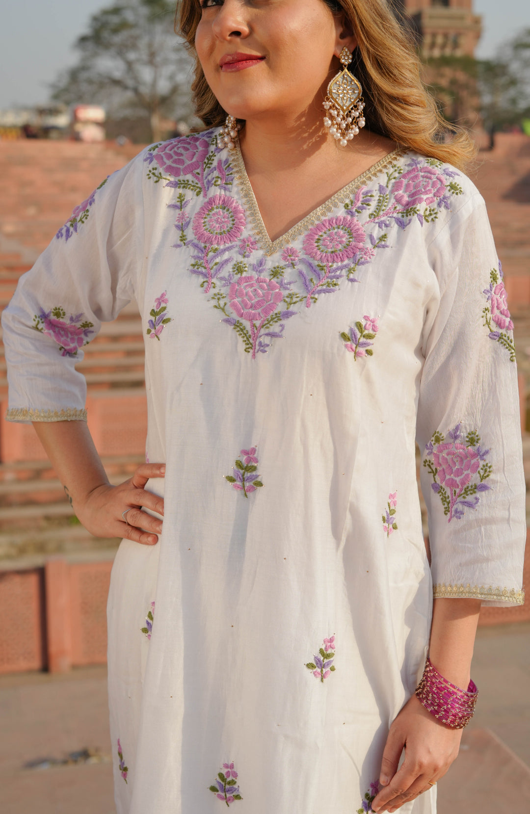 White Chanderi Chikankari Suit Set -Custom Made