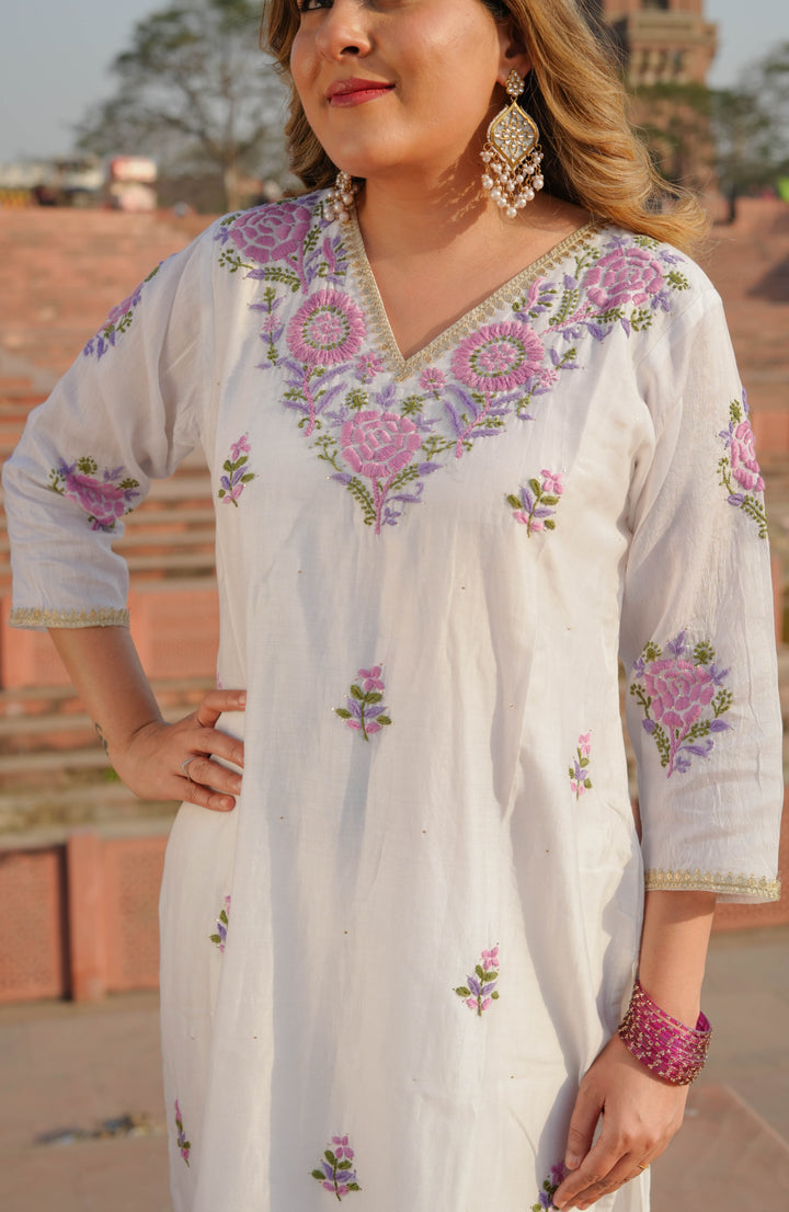 White Chanderi Chikankari Suit Set -Custom Made