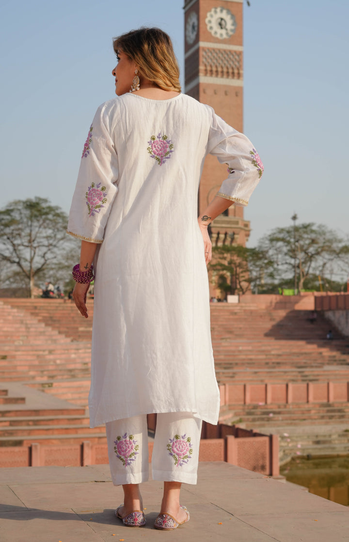 White Chanderi Chikankari Suit Set -Custom Made