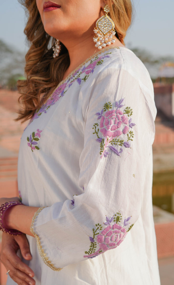 White Chanderi Chikankari Suit Set -Custom Made