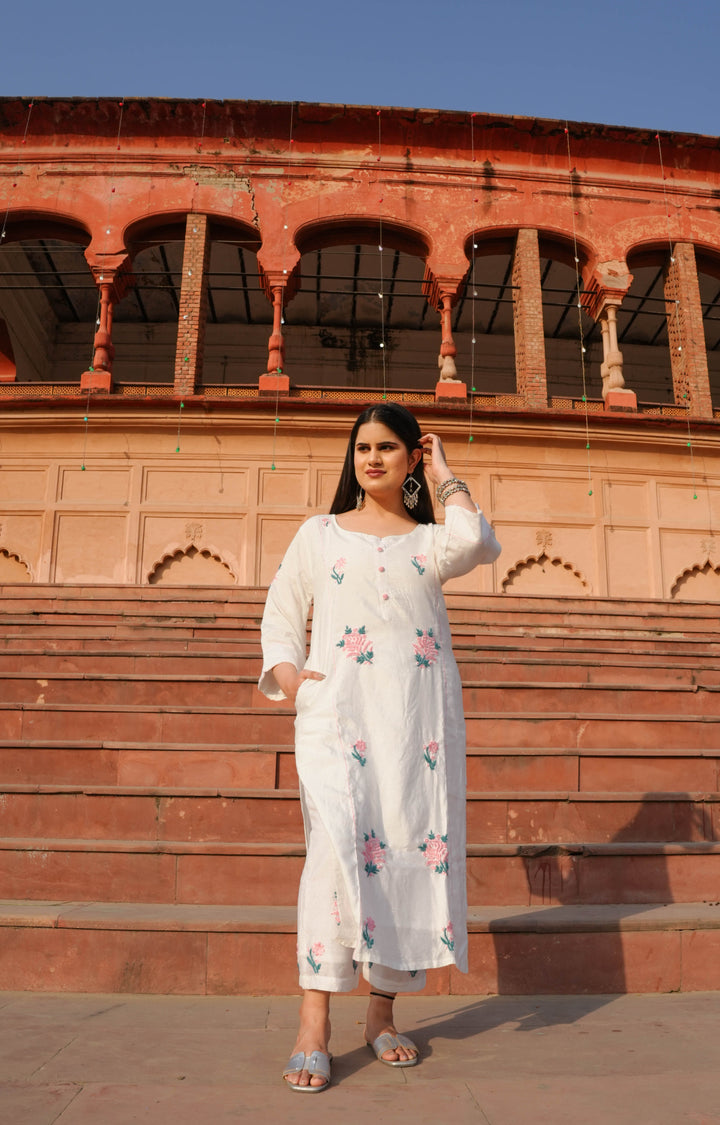 White Chanderi Chikankari kurta With Pant -Custom Made