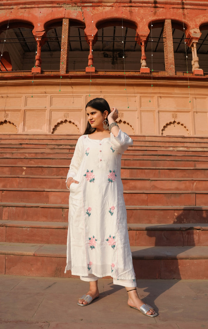 White Chanderi Chikankari kurta With Pant -Custom Made