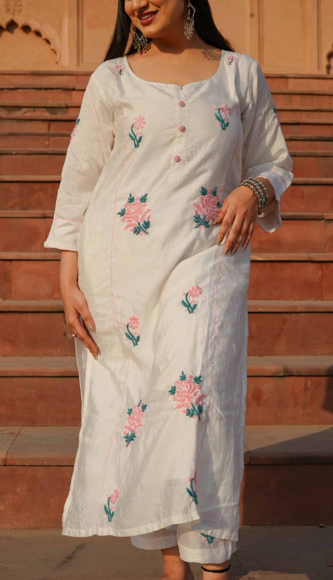 White Chanderi Chikankari kurta With Pant -Custom Made