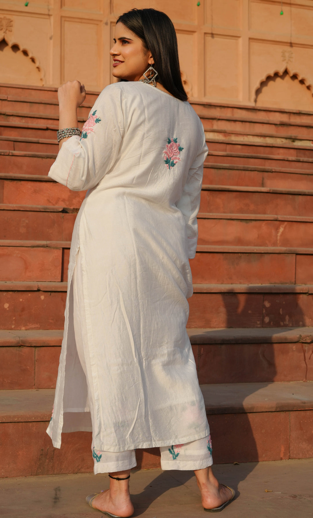 White Chanderi Chikankari kurta With Pant -Custom Made