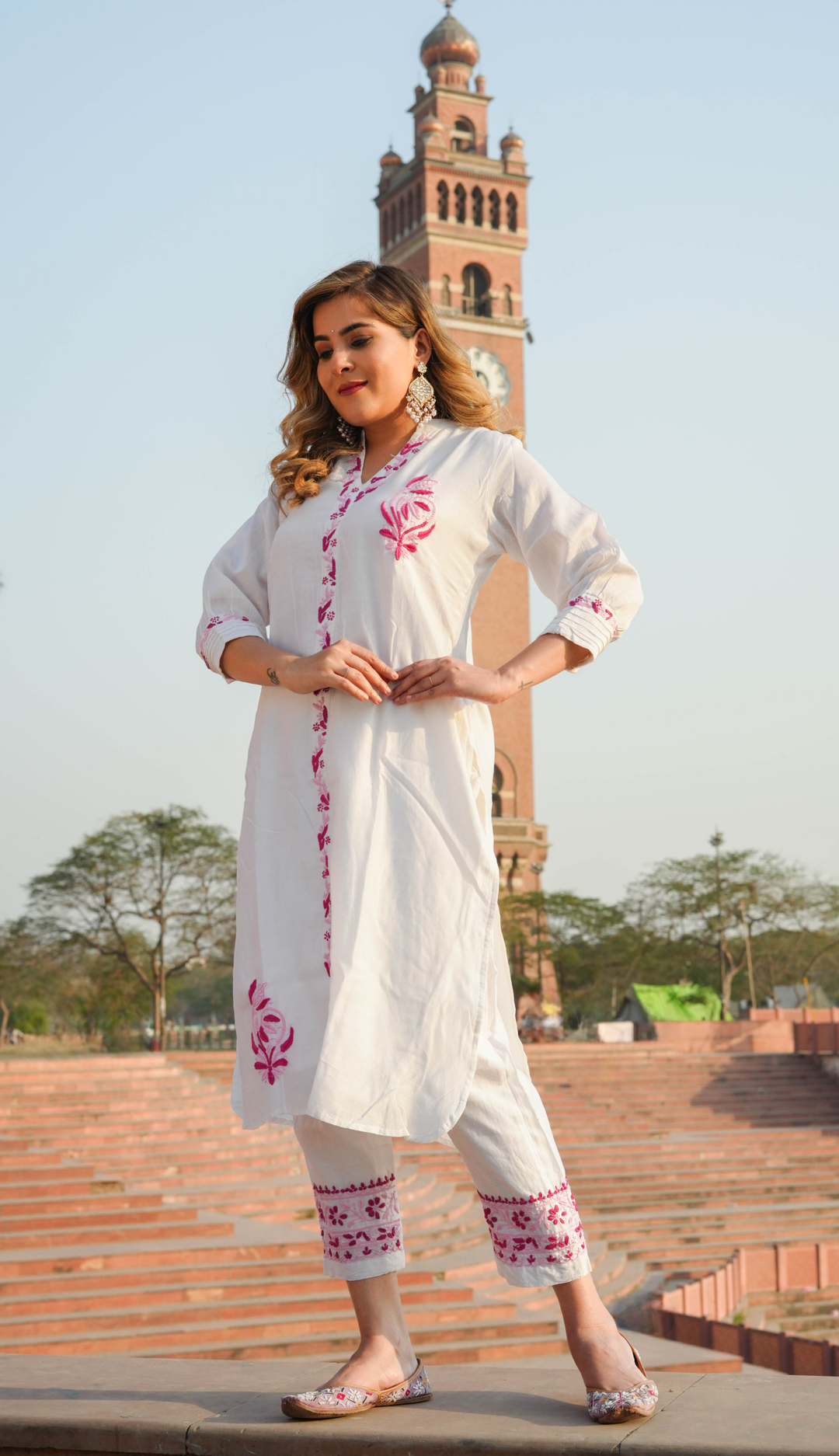White Chanderi Chikankari Kurta With Pant Set -Custom Made