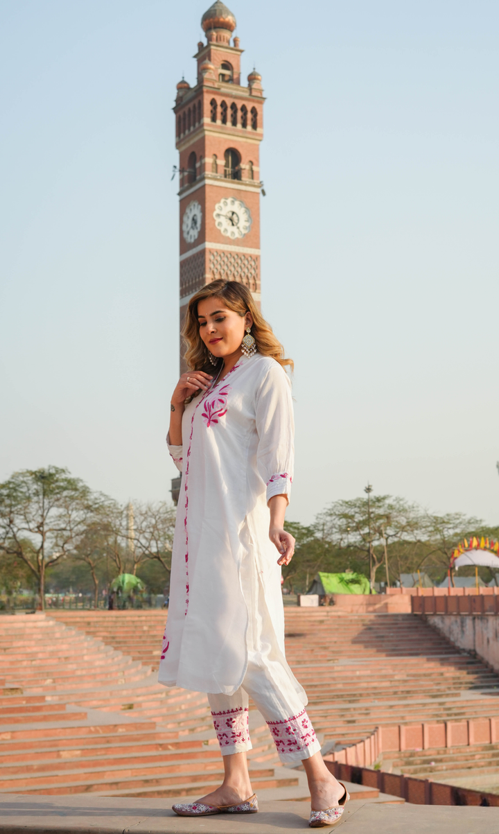 White Chanderi Chikankari Kurta With Pant Set -Custom Made