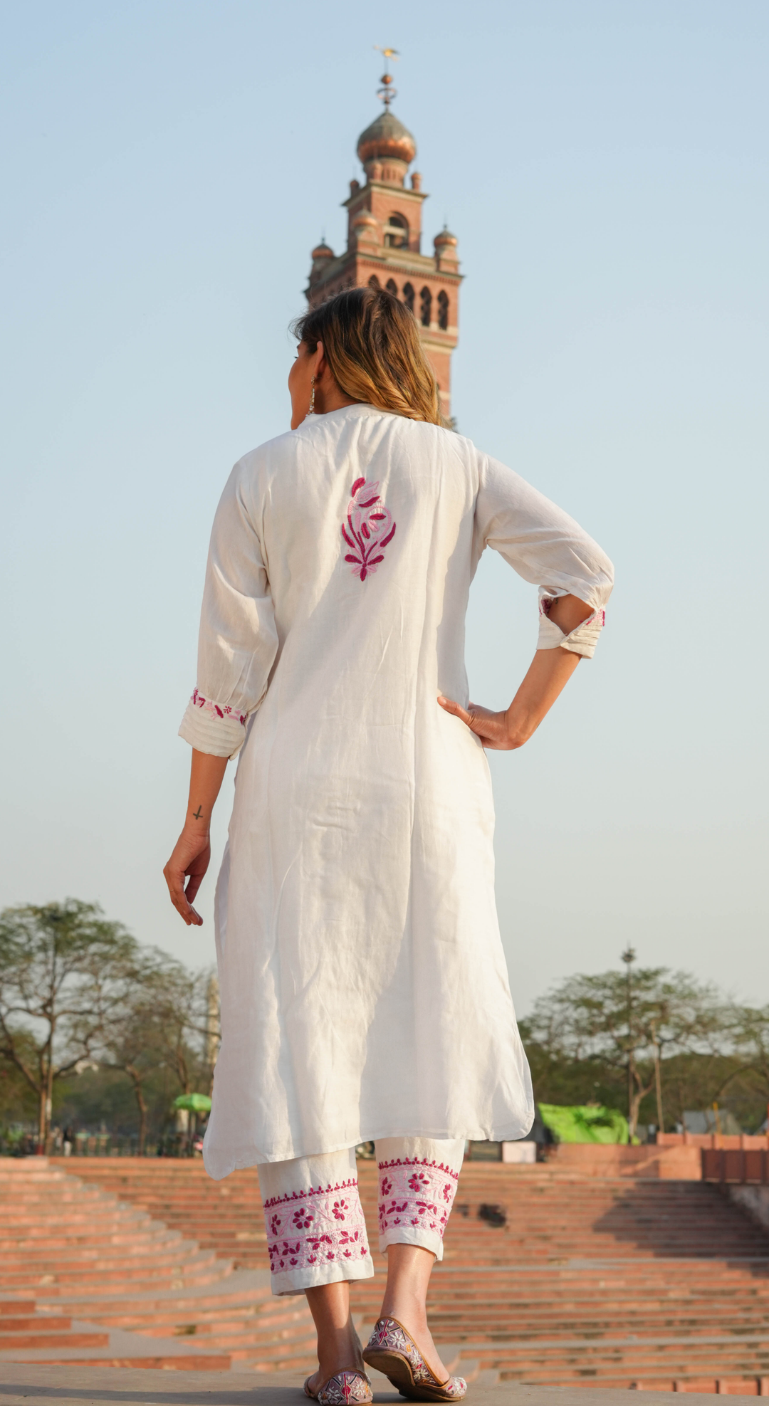 White Chanderi Chikankari Kurta With Pant Set -Custom Made