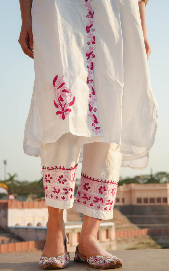 White Chanderi Chikankari Kurta With Pant Set -Custom Made