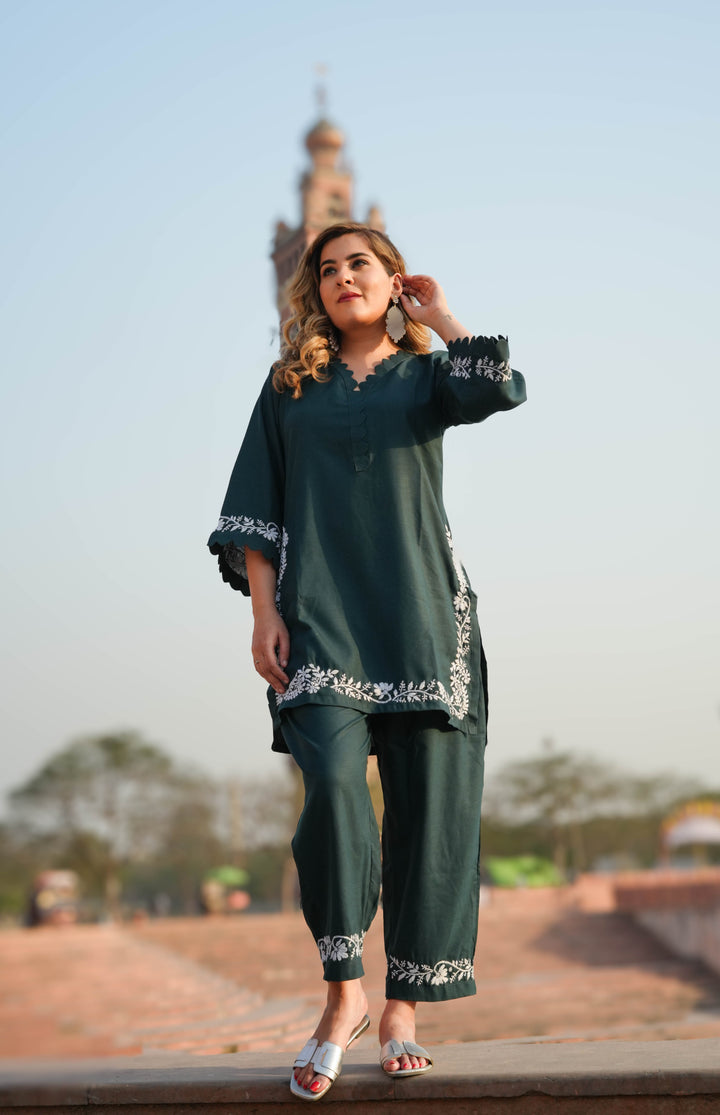 Linen Dark Green Chikankari Co-ord Set