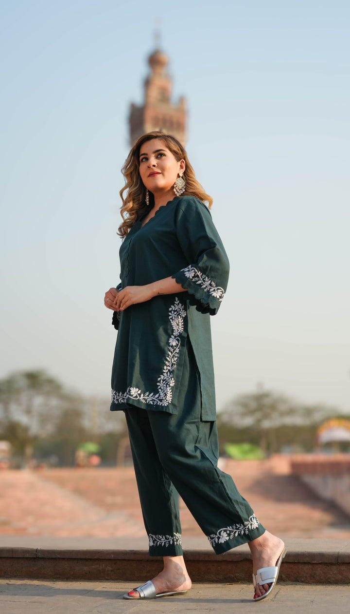 Linen Dark Green Chikankari Co-ord Set