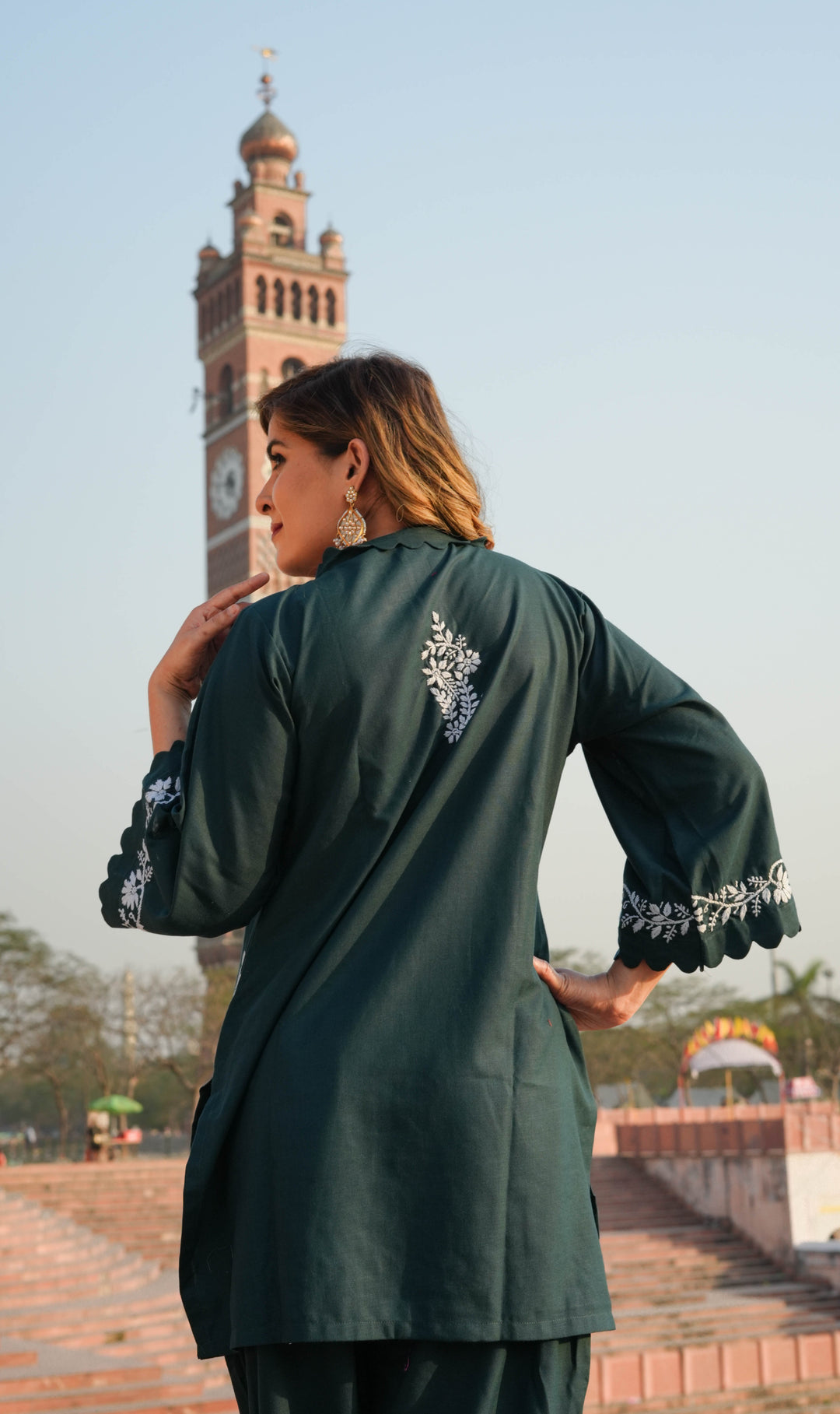 Linen Dark Green Chikankari Co-ord Set