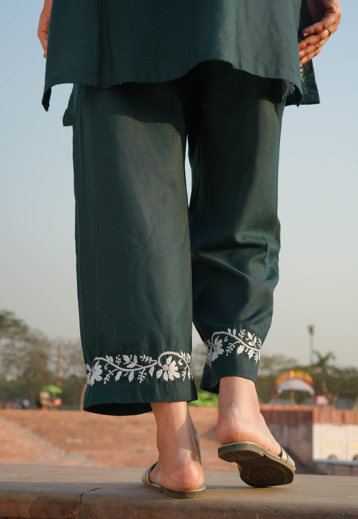 Linen Dark Green Chikankari Co-ord Set