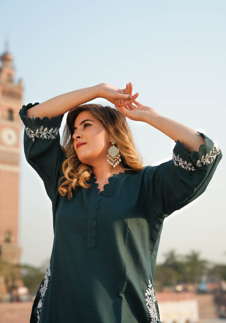 Linen Dark Green Chikankari Co-ord Set
