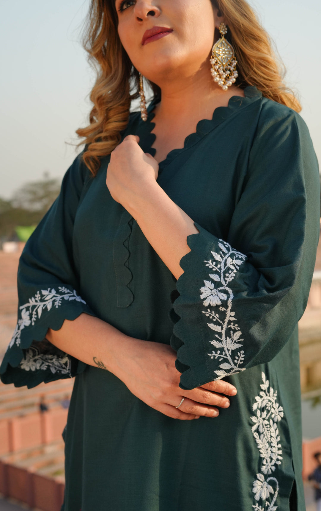 Linen Dark Green Chikankari Co-ord Set