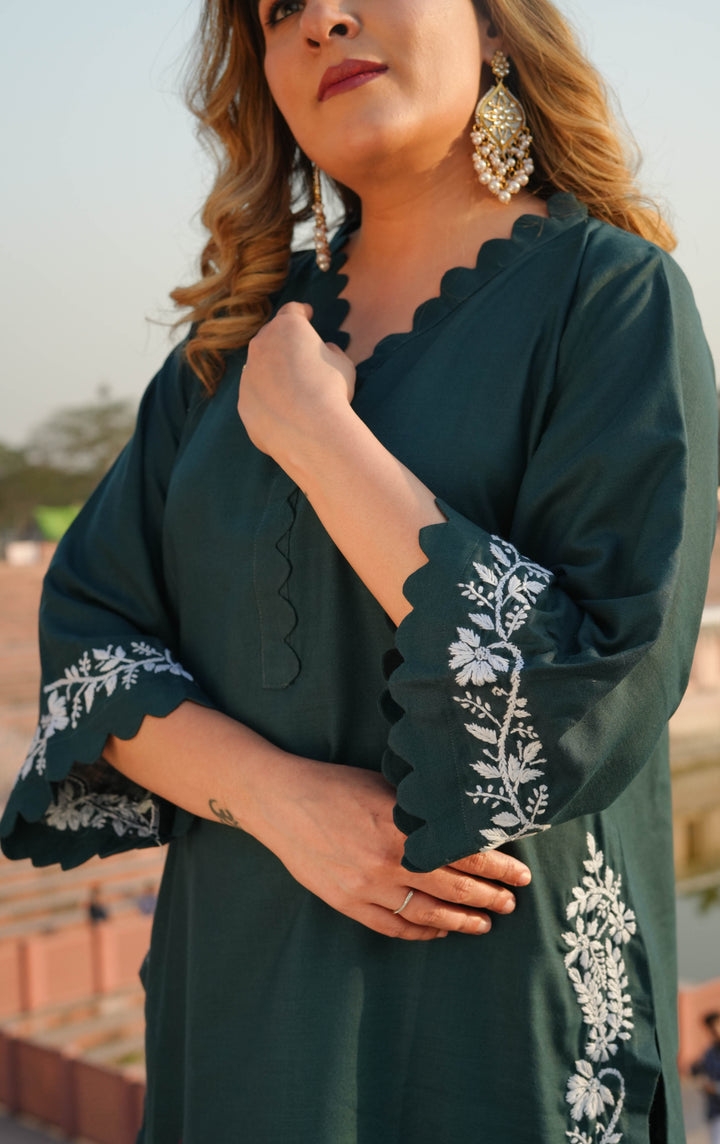 Linen Dark Green Chikankari Co-ord Set