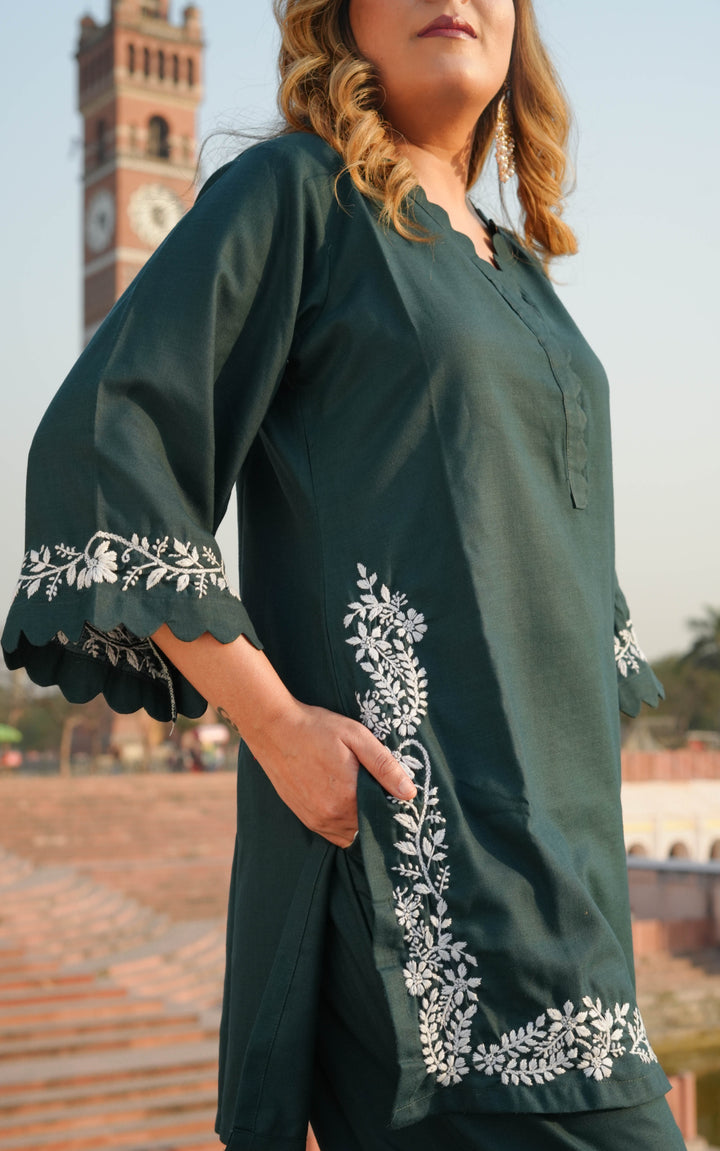 Linen Dark Green Chikankari Co-ord Set