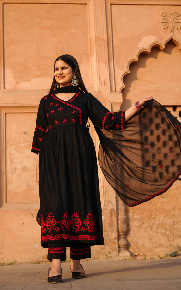 Black Rayon Chikankari Agrakha Suit Set