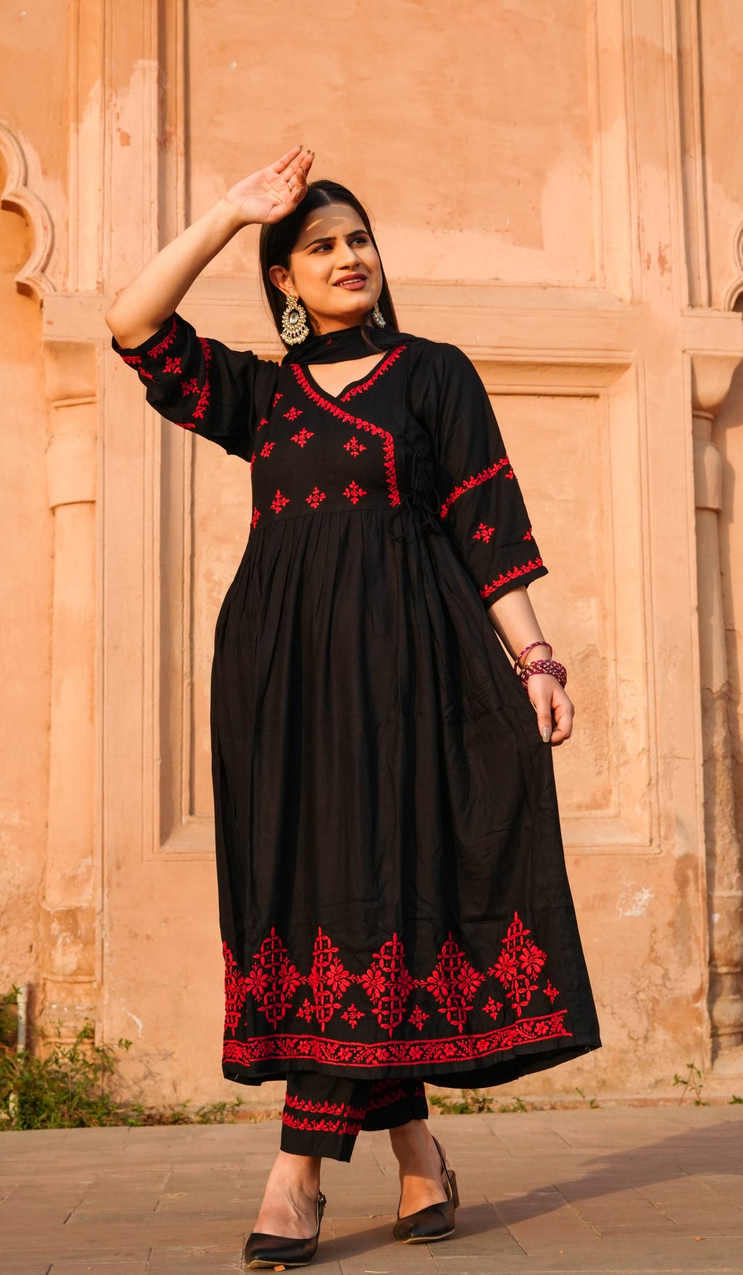 Black Rayon Chikankari Agrakha Suit Set