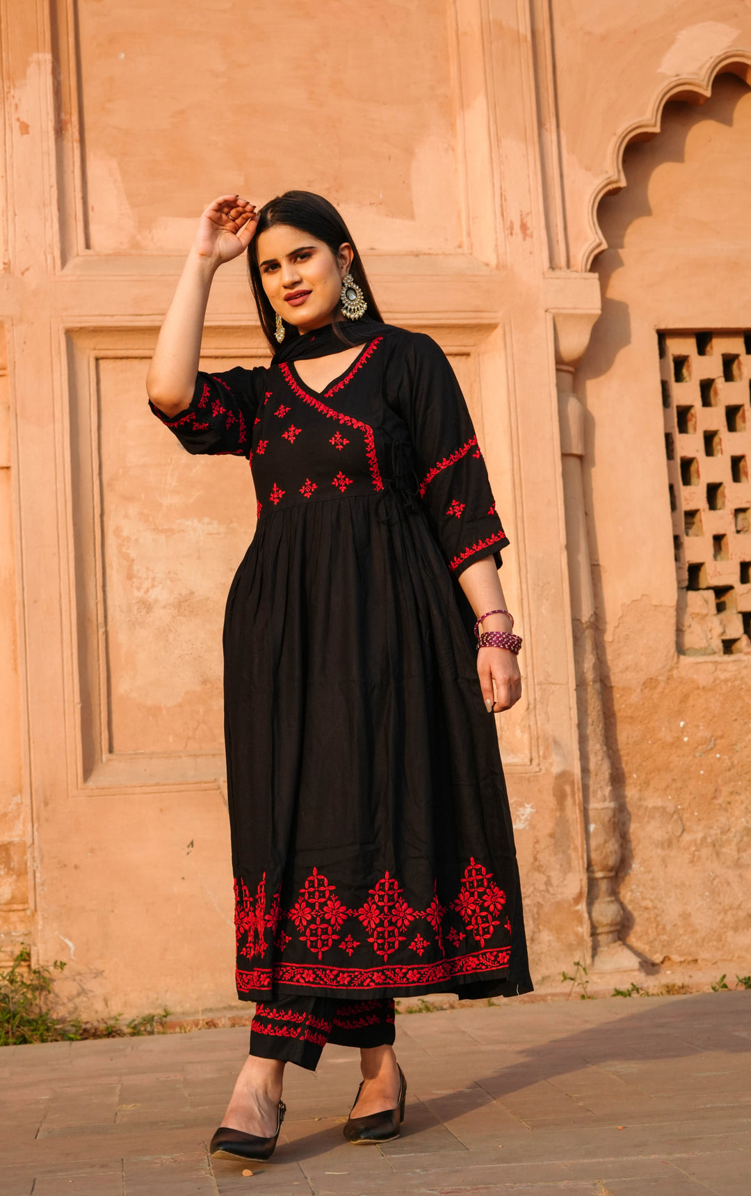 Black Rayon Chikankari Agrakha Suit Set