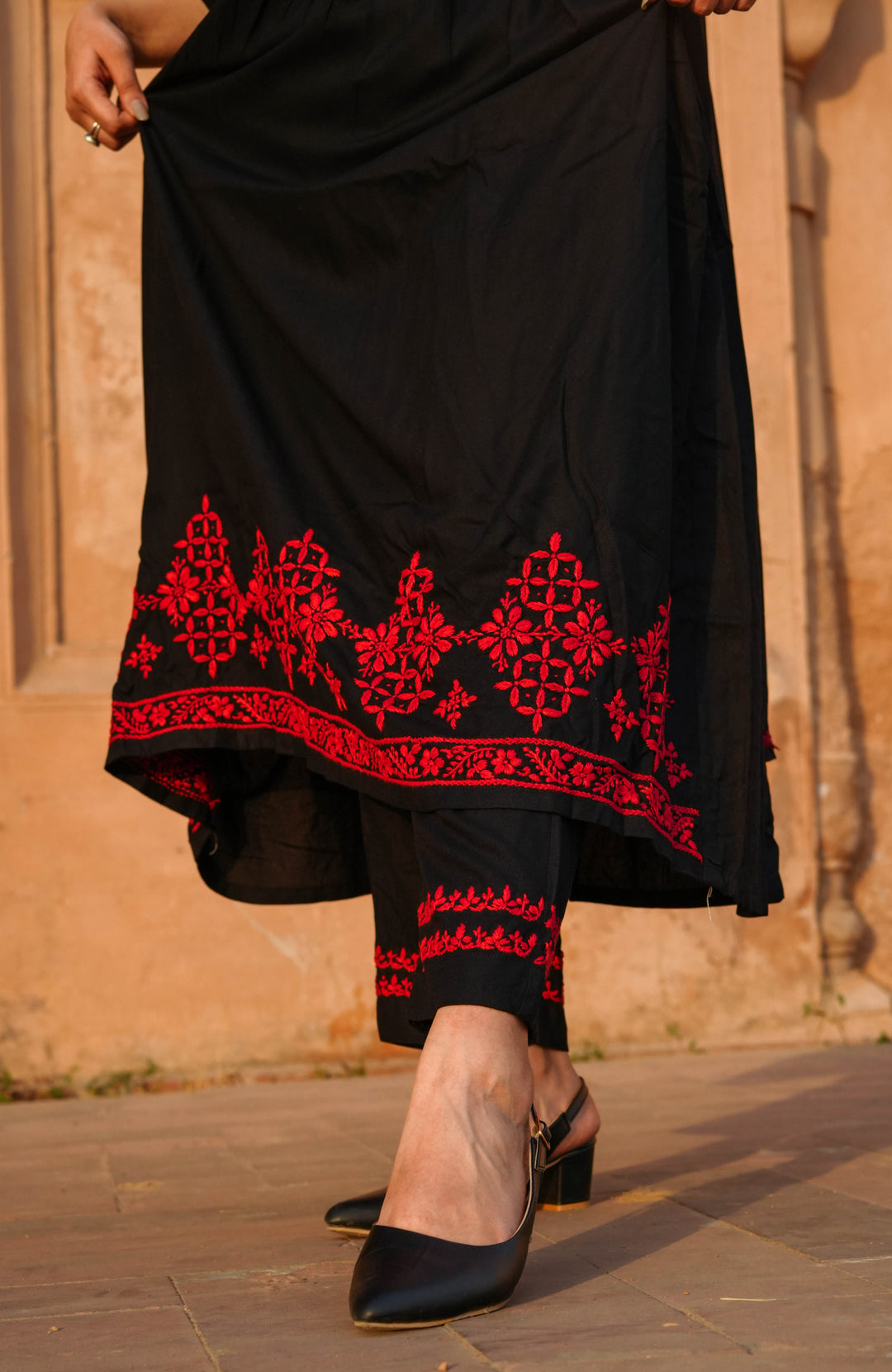 Black Rayon Chikankari Agrakha Suit Set