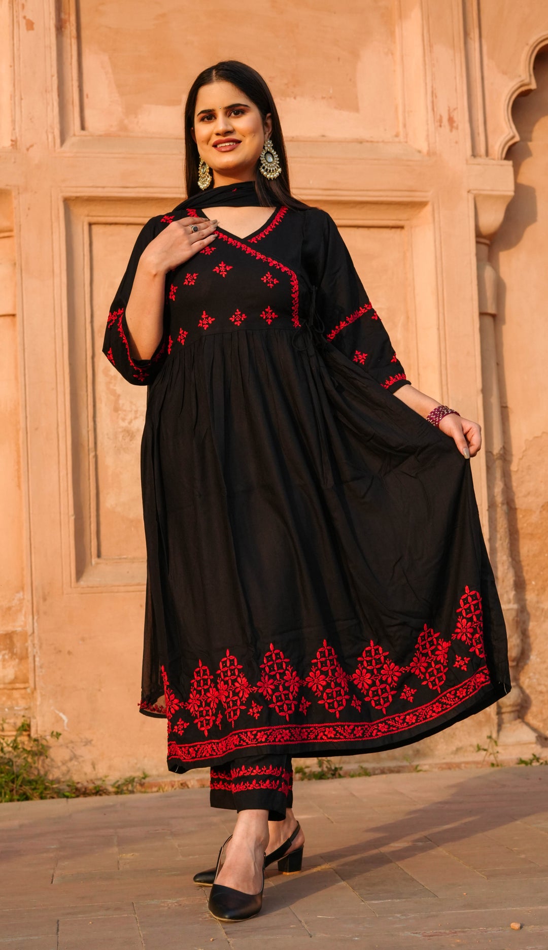 Black Rayon Chikankari Agrakha Suit Set