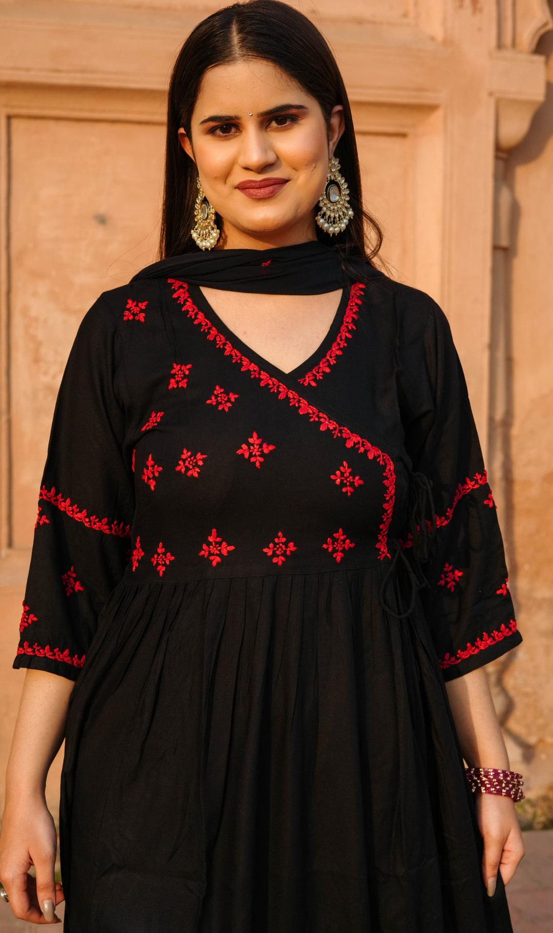 Black Rayon Chikankari Agrakha Suit Set