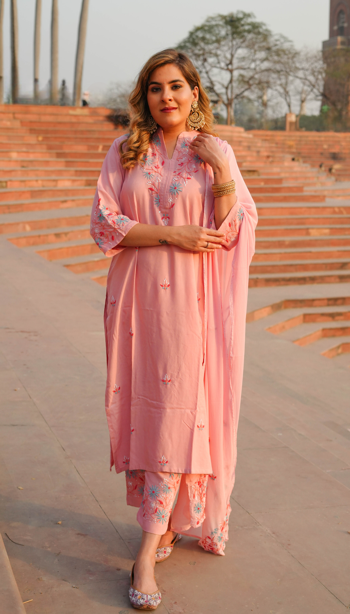 Peach Rayon Chikankari Suit Set -Custom Made