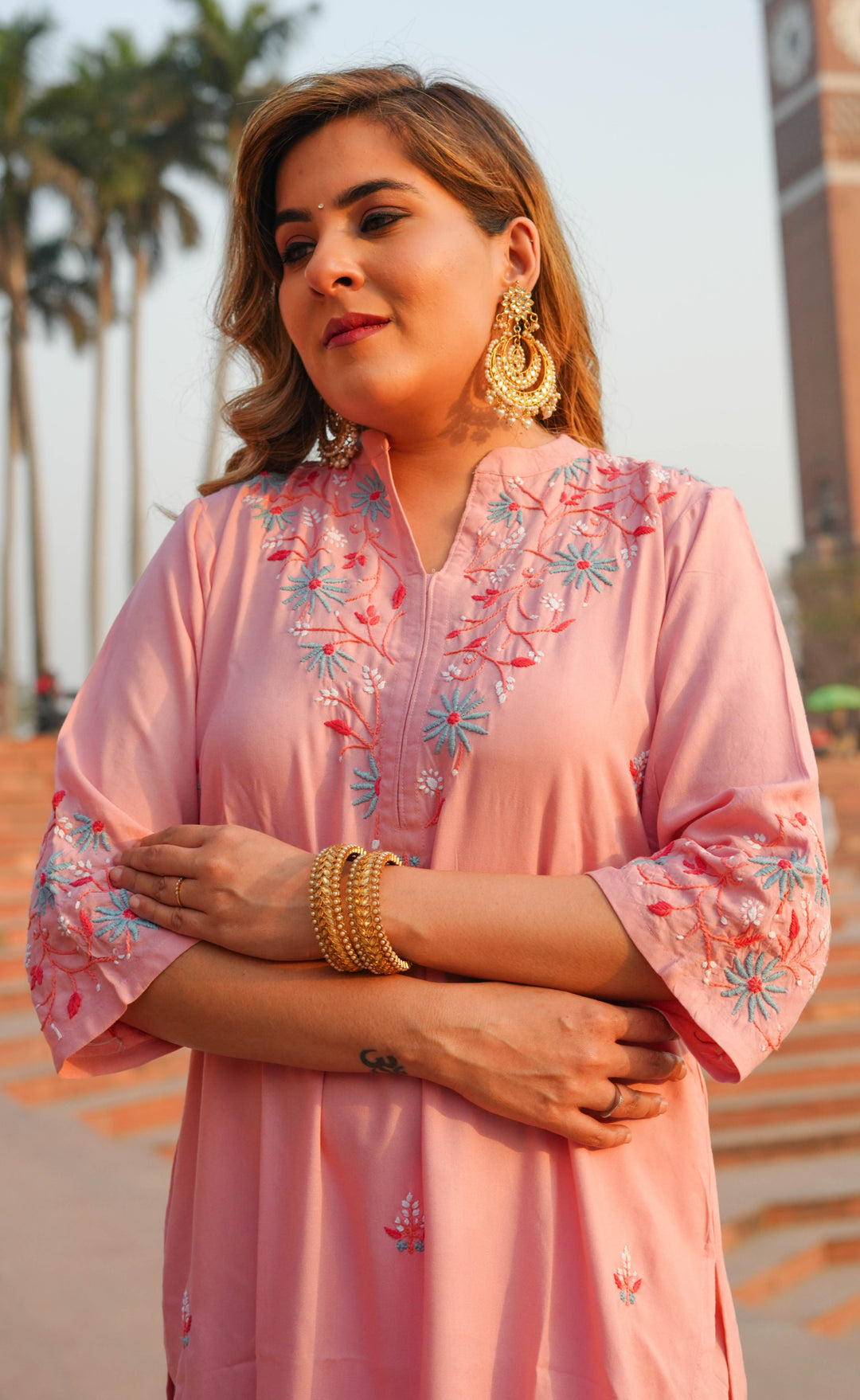 Peach Rayon Chikankari Suit Set -Custom Made