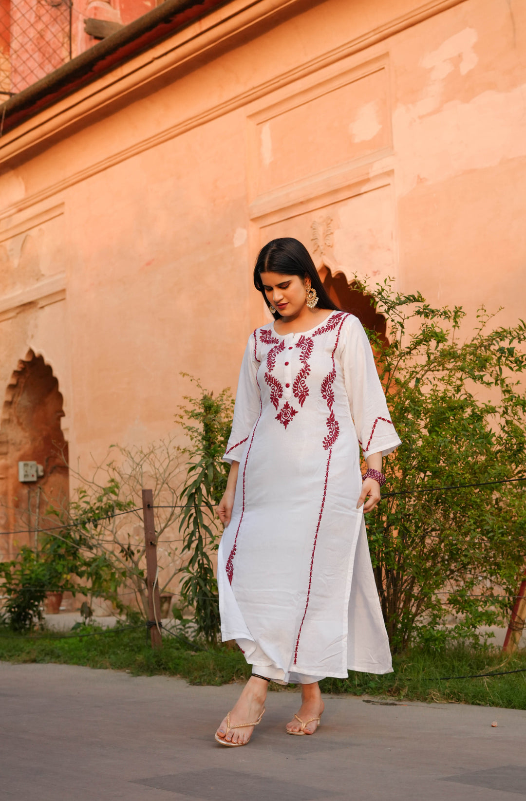 White Rayon Chikankari kurta With Pant Set