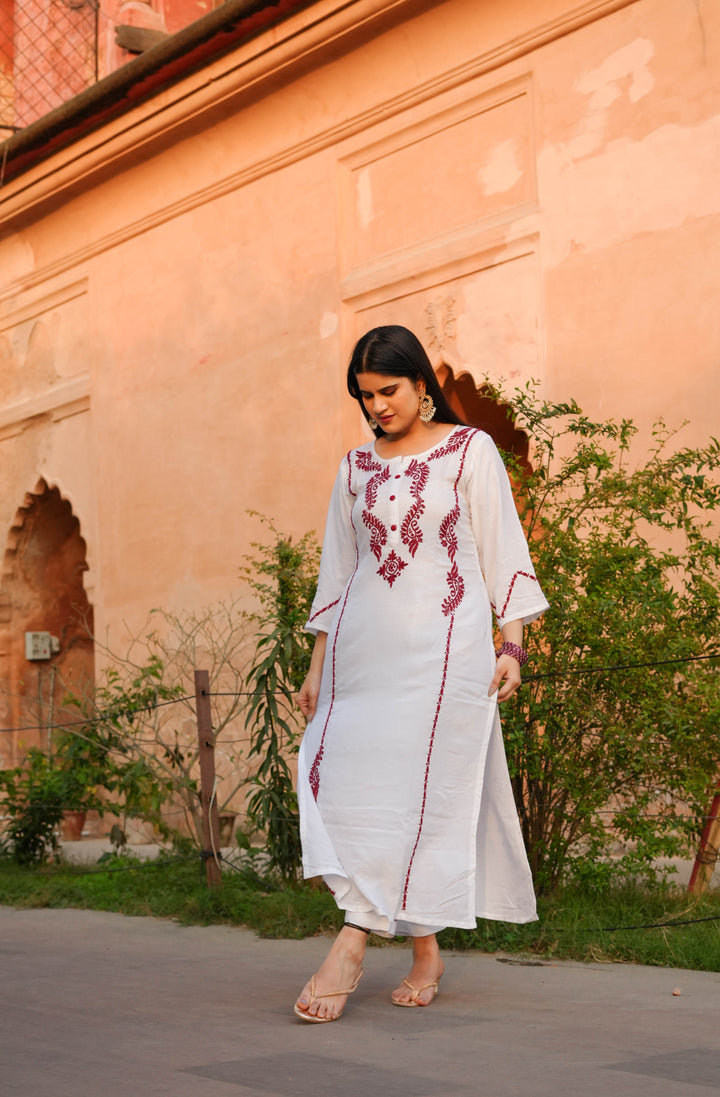 White Rayon Chikankari kurta With Pant Set