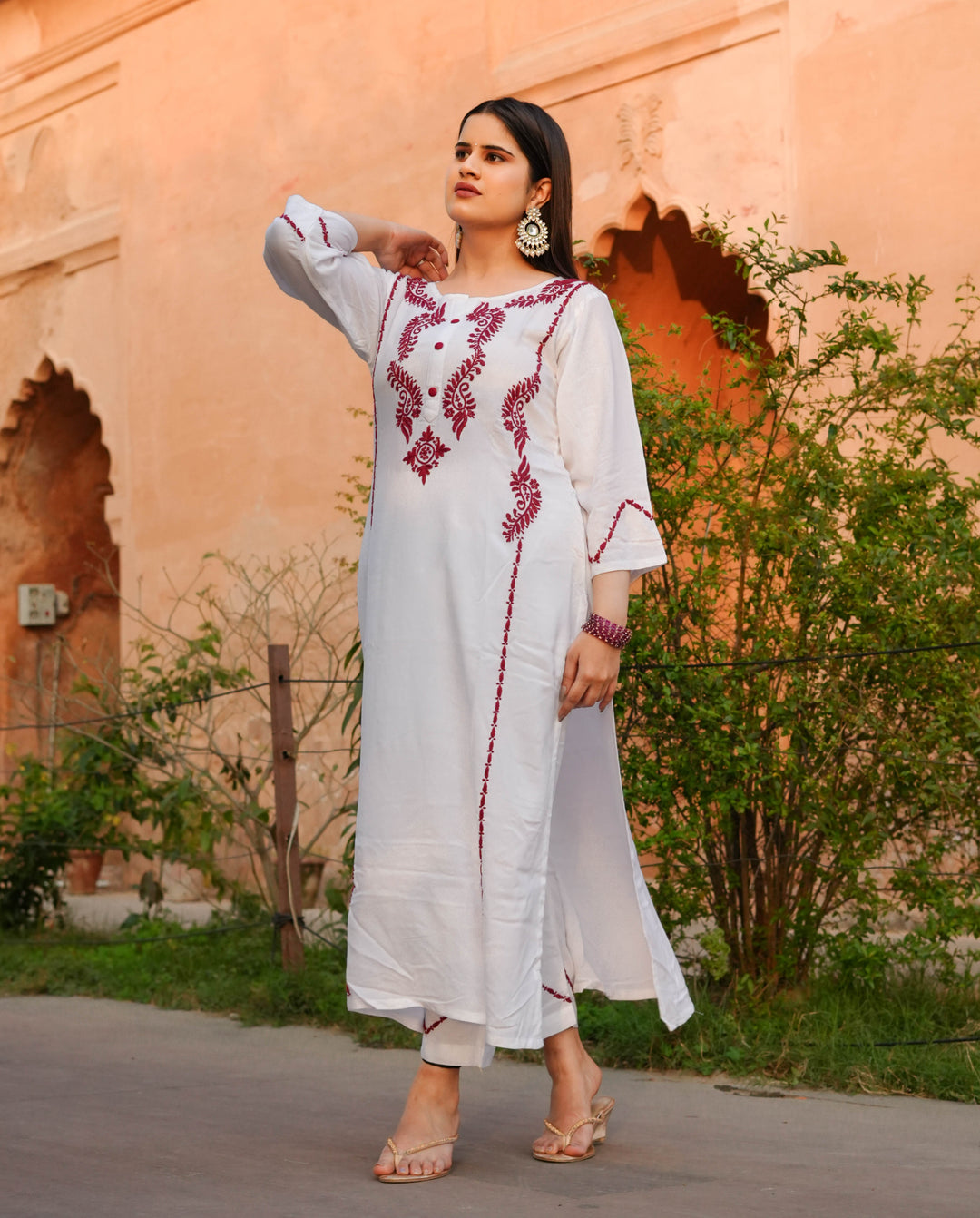 White Rayon Chikankari kurta With Pant Set