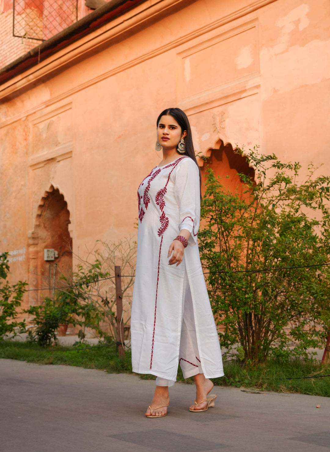 White Rayon Chikankari kurta With Pant Set