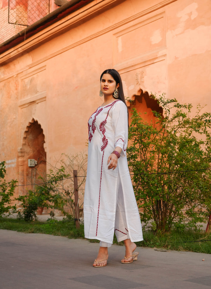 White Rayon Chikankari kurta With Pant Set