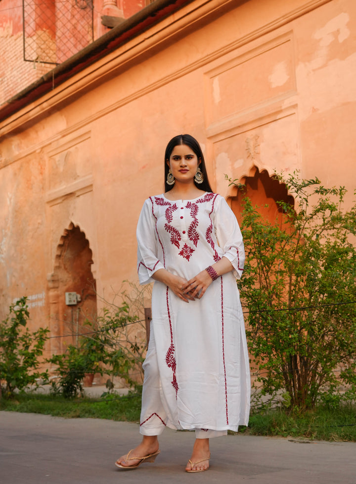 White Rayon Chikankari kurta With Pant Set