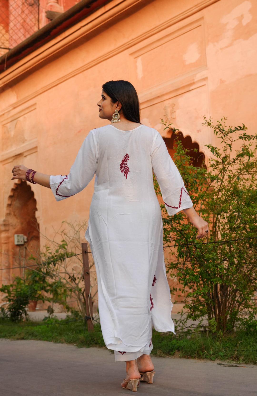 White Rayon Chikankari kurta With Pant Set