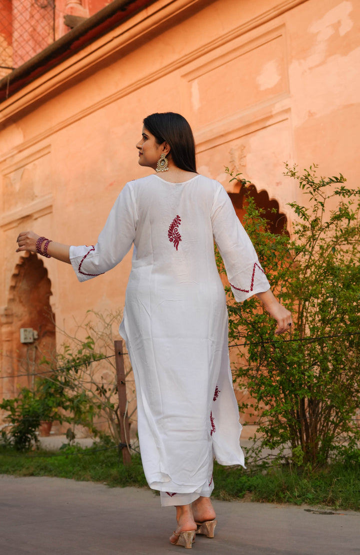 White Rayon Chikankari kurta With Pant Set